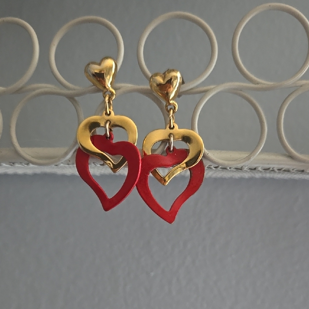Vibrant Red and Gold Heart Post Earrings